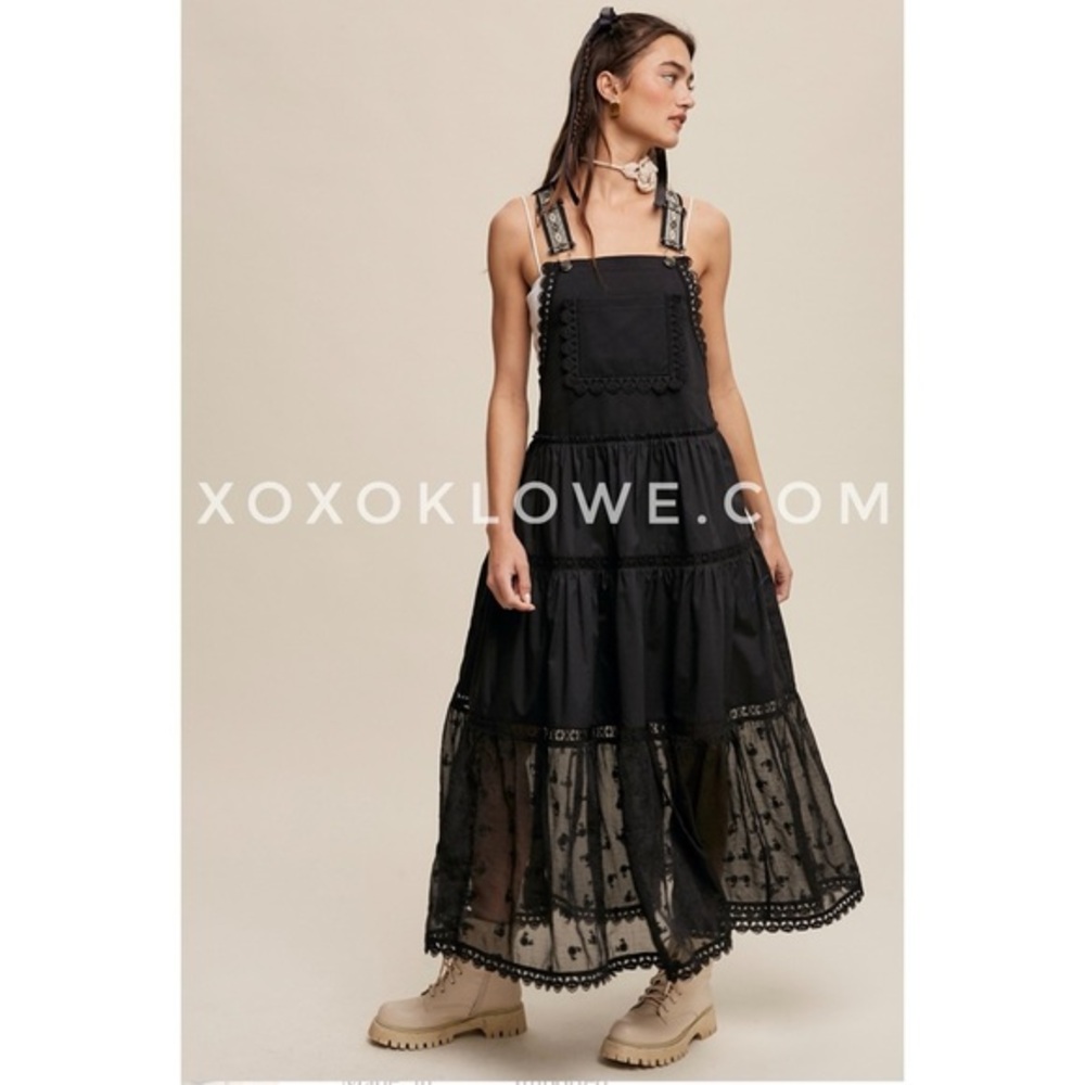 Listicle Black Lace Embroidered Overall Dress | Trails End Tiered Skirtall